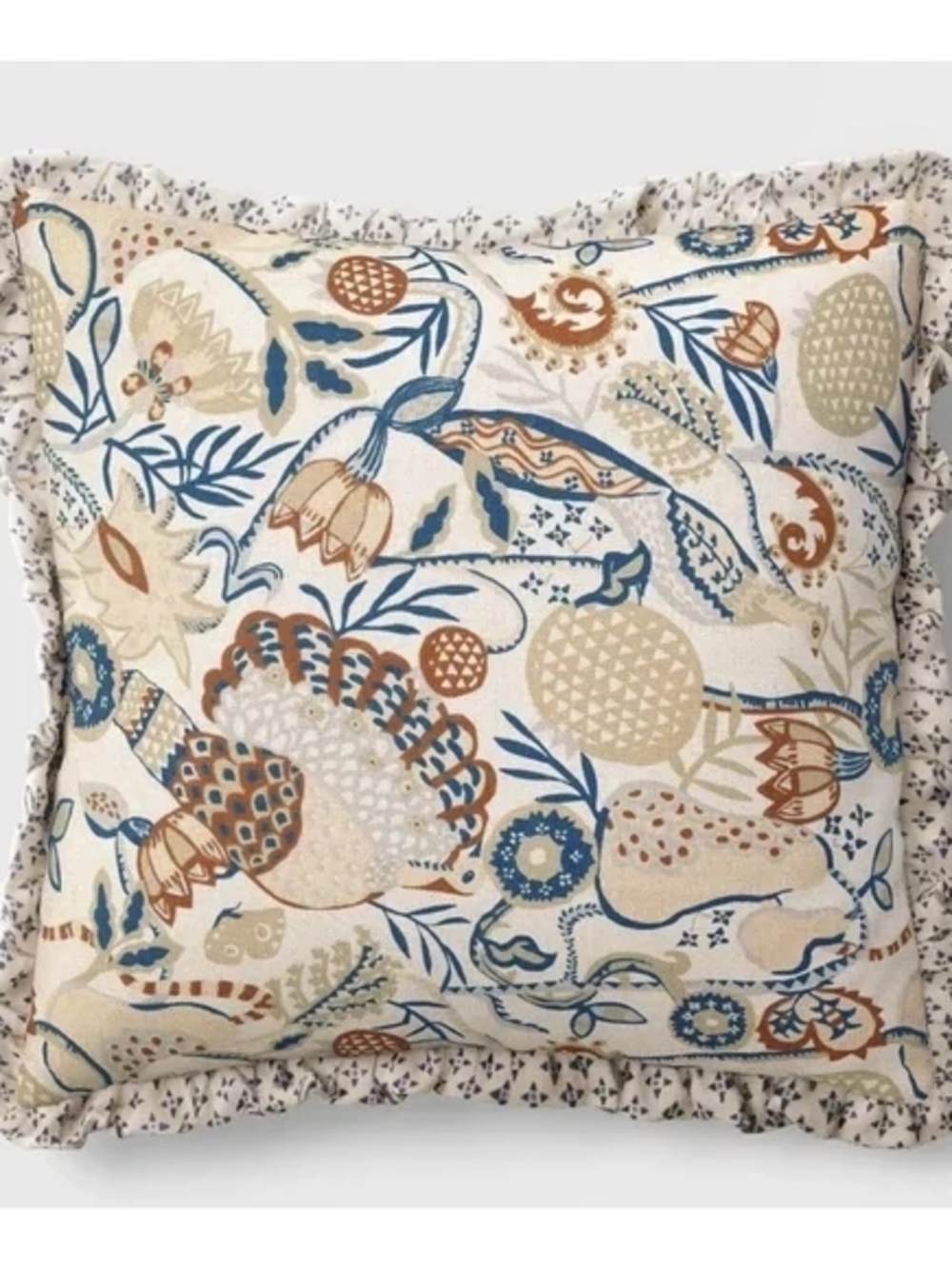 Botanical Pattern Ruffle Edge Throw Pillow - Blue, Tan & Cream - Reversable